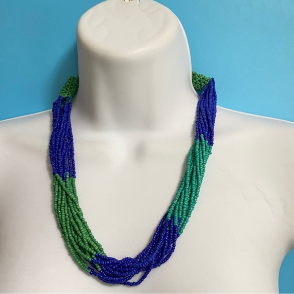 Blue & Green Seed Beads Artisan Made Multi-Strand Necklace - Picture 8 of 8